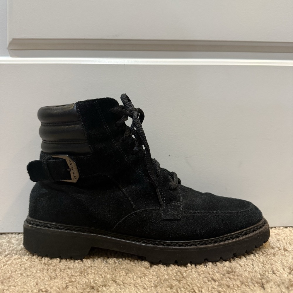 Aquatalia Womens 6.5 Black Suede Ankle Combat Lace Up Booties Italy Lug Sole